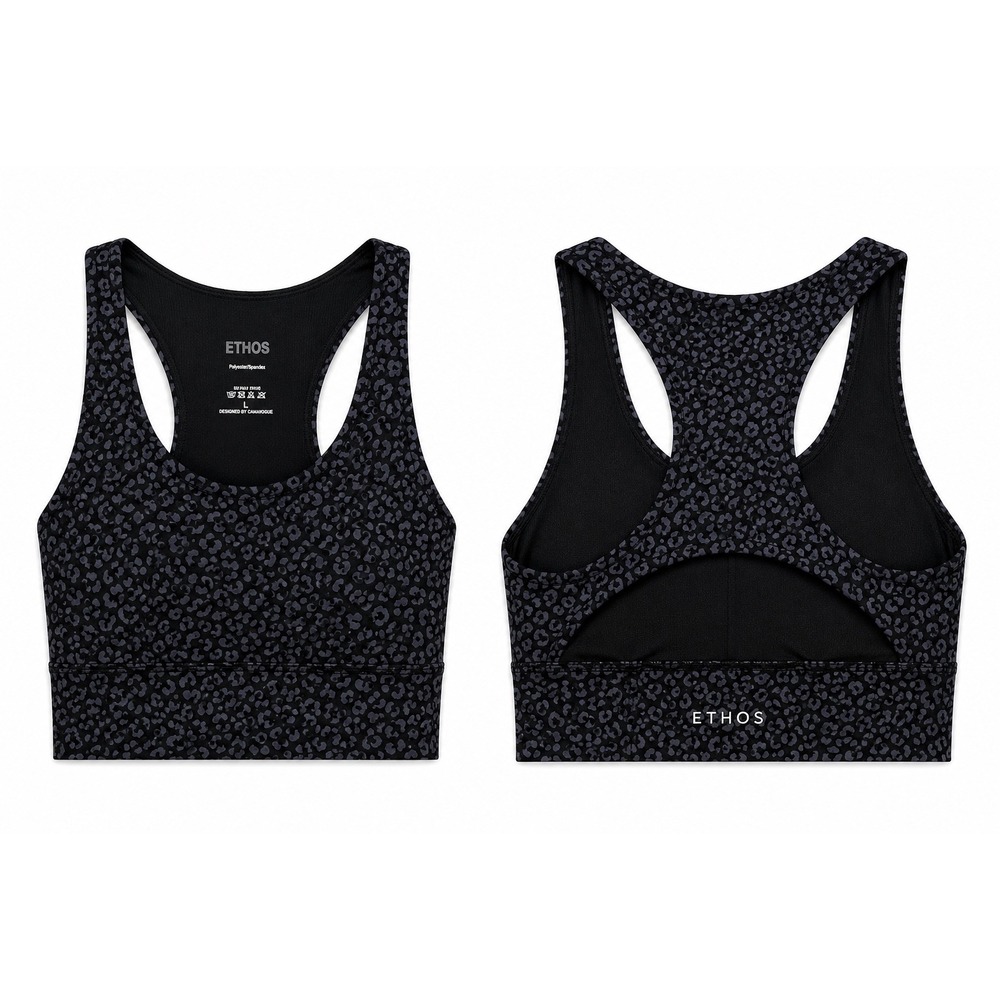 Ethos Leopard Print Longline‎ Sports Bra Black Gray Large